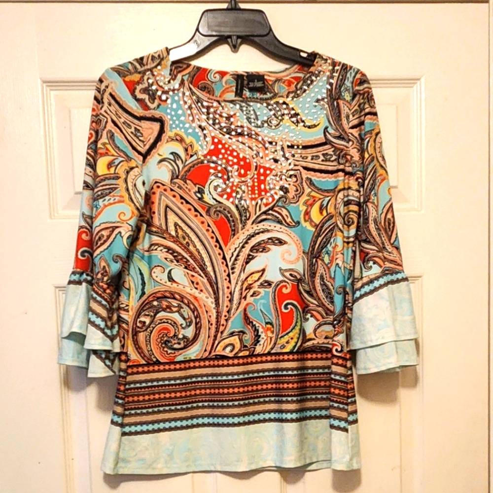 New Direction Colorful Paisley Blouse With Silver Accents